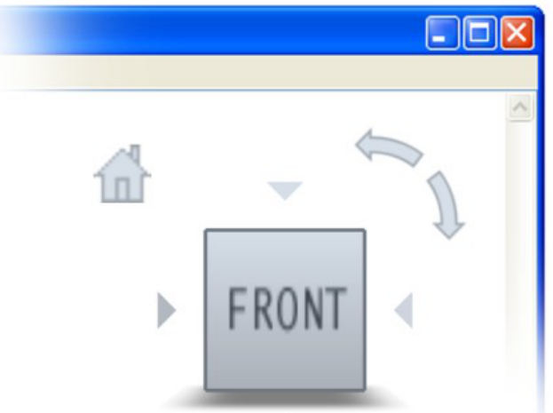 Figure 8. ViewCube Design.  Components are the large center cube with selectable faces, edges, and corners, the triangles pointing “around the edges” to orthogonal faces, the “home” button in the top-