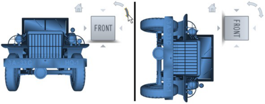 Figure 9. Before (left) and after (right): Clockwise and counter-clockwise controls are shown when at a face view. Clicking the bottom (clockwise) arrow rotates the scene and the cube 90°.