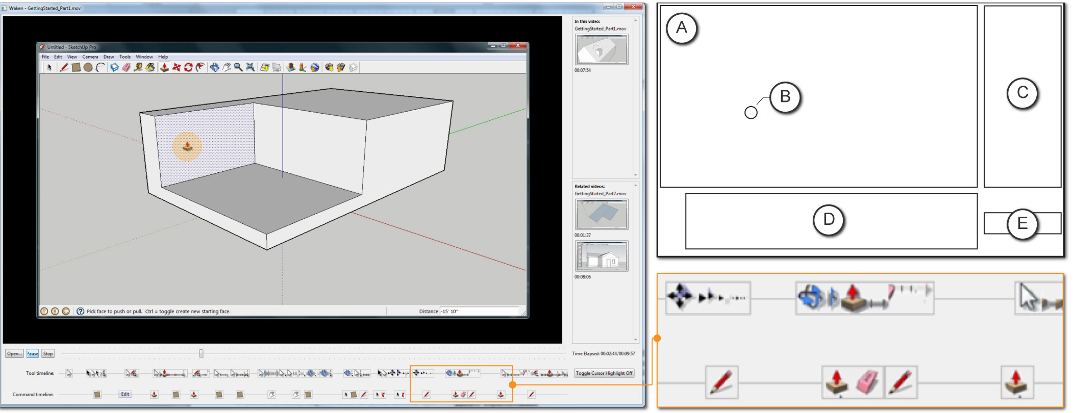 Figure 13. The Waken Video Player user interface components. a) The playback area. b) Highlighted cursor. c) Navi-gation panel. d) Event based timelines. e) Cursor highlight toggle.