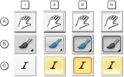 Figure 2. UI Buttons states in a) Google SketchUp, b) Adobe Photoshop, and c) Microsoft Word: i) de-fault, ii) highlighted, iii) clicked, and iv) active.