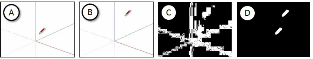 Figure 4. Pixel differences between frames (a) and (b) is show in (c). Applying our filter removes differ-ences due to noise (d).