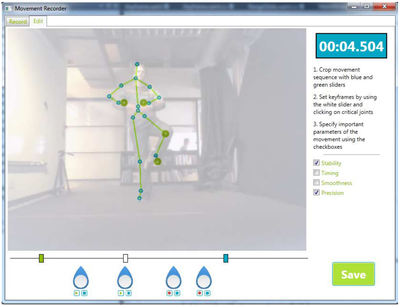 Figure 3: The editing interface allows authors to specify keyframes and global movement parameters. Each keyframe specifies the important joints for that moment, and can be associated with a recording