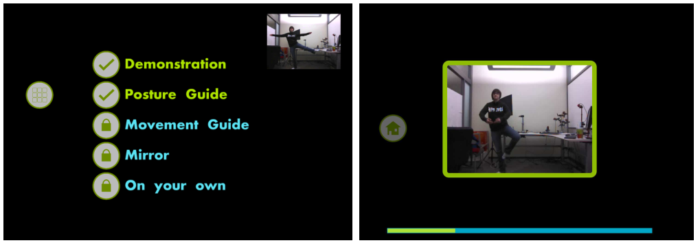 Figure 5: Left) Stage selection interface allowing users to begin one of the unlocked stages. Right) Demonstration stage.