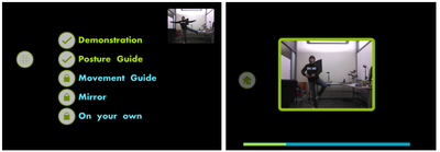 Figure 5: Left) Stage selection interface allowing users to begin one of the unlocked stages. Right) Demonstration stage.