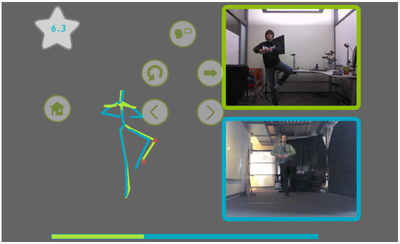 Figure 8: The Post-Stage Feedback screen, showing trainees their overall score, average position (skeleton), and video for each keyframe.
